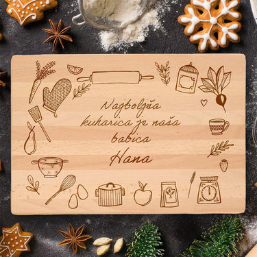 Gravirana masivna deska, motiv kuhinjskega pribora 